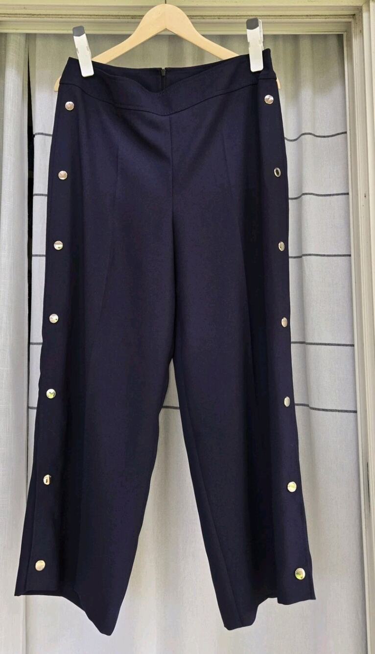 Hugo Boss Telareama Women’s 12 Navy Wide Leg Cropped Snap Button Side Trousers